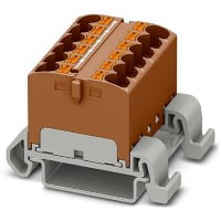 Bloque de distribución; Carril del estruendo; 12-positions; Empuje hacia adentro; Resorte; 32A; 600V; 10-24 AWG; Marrón
