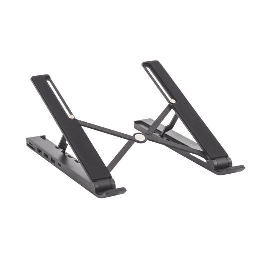 HUB (Docking Station) 5 en 1 con Soporte para Laptop | 2 USB 3.0 a 5Gbps | HDMI 4K@30Hz | Memoria Micro SD (TF) + SD | Amplia Compatibilidad de 10-15" | Ajuste de Altura | Aluminio | PC+ABS | Silicona | Color Negro.