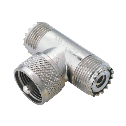 Adaptador en "T" AMPHENOL, de UHF Macho (PL-259) a Doble UHF Hembra (SO-239) para WP-629, WP-639, WP-641.