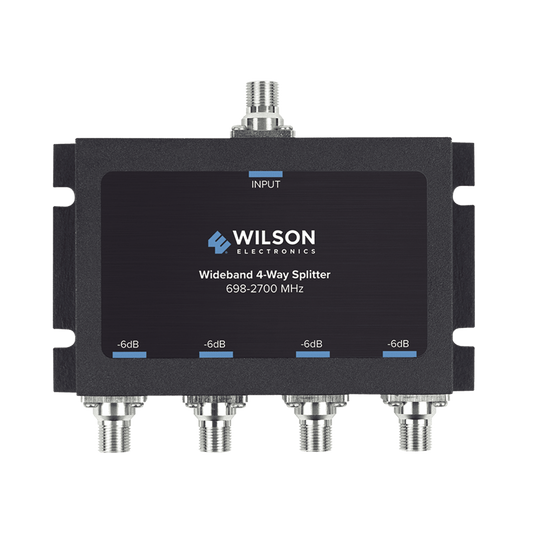 Divisor de potencia de 4 vÃ­as para la distribuciÃ³n de seÃ±al a dos antenas de servicio | 6 dB de pÃ©rdida por puerto | Conectores F hembra