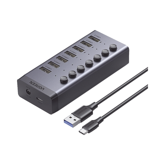 HUB de 7 Puertos USB 3.0  / 4 puertos de Carga Inteligente / Interruptor Individual / Indicadores LED / USB 3.0 a 5Gbps / 1 USB-C Hembra (solo datos) / Incluye Adaptador de Corriente 12V 2A / 7 en 1