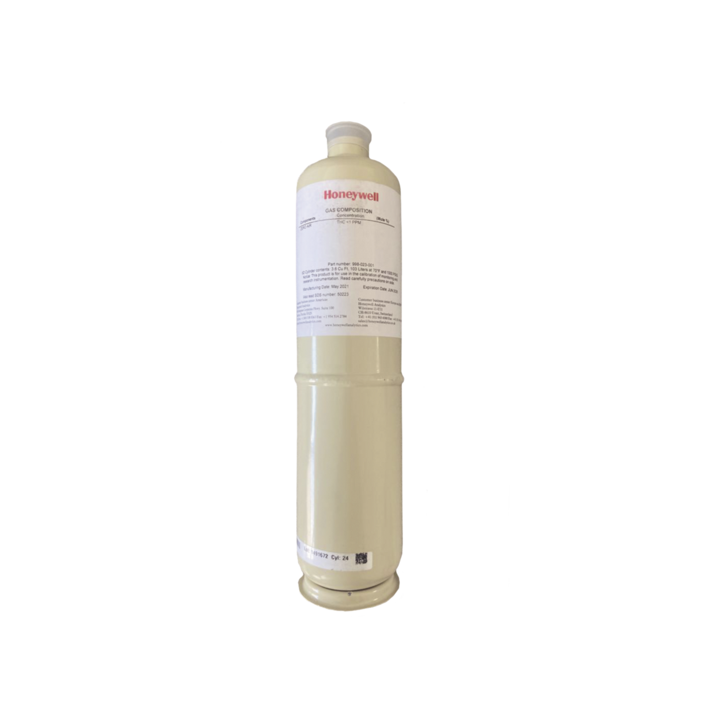 Cilindro Para Calibración De Aire Cero, Concentración 20.9% V/V, Capacidad 103 L, Dimensiones 5/8" x 18" Para Serie XNX/XCD/S3K Gases Toxicos