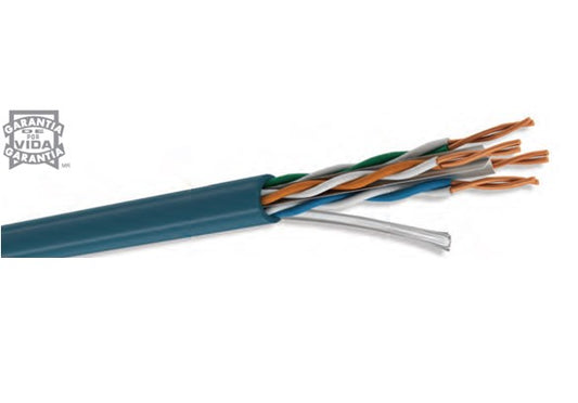 Cable UTP CAT6 para interior, 4 pares, 23 AWG, bobina de 305 mts, 100% cobre, color azul