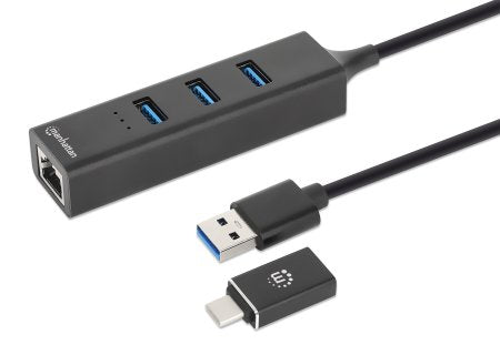 180894 Adaptador USB-A macho con acoplador USB-C macho a conector RJ-45 hembra y tres conectores USB-A de 5 Gbps de Súper Velocidad (USB 3.2 Gen1), aliment