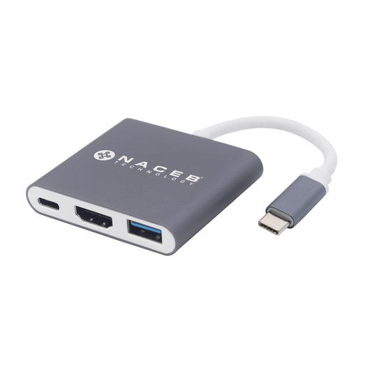 Adaptador Tipo C a HDMI + USB 3.0 + PD Naceb Technology NA-0111, Plata, USB C, HDMI + USB 3.0 + PD