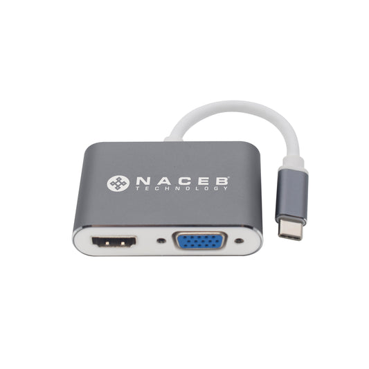 Adaptador Tipo C a HDMI+VGA Naceb Technology NA-0113, Plata, USB C, HDMI+VGA