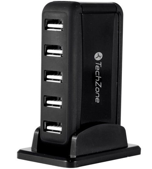 Hub TechZone, 7 puertos USB 2.0, color negro con fuente de poder para el incremento de tasa de transferencia, 1 año de garantía.