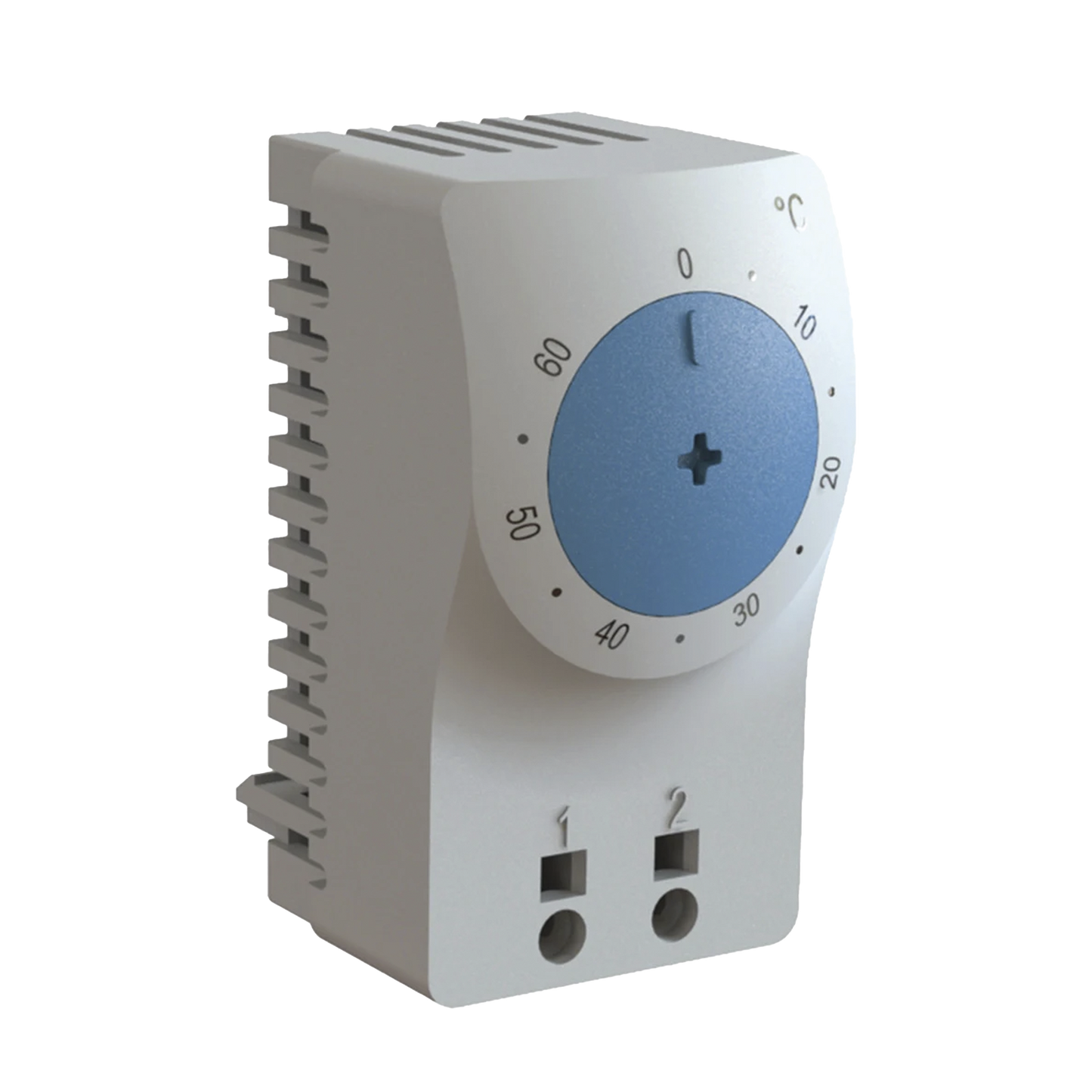 Termostato/Interruptor Para Control de Temperatura en Grados Fahrenheit, Para Uso con Ventiladores, Con Terminales de ConexiÃ³n, y Clip para Riel Din de 35 mm, Color Gris Claro