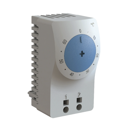 Termostato/Interruptor Para Control de Temperatura en Grados Fahrenheit, Para Uso con Ventiladores, Con Terminales de ConexiÃ³n, y Clip para Riel Din de 35 mm, Color Gris Claro