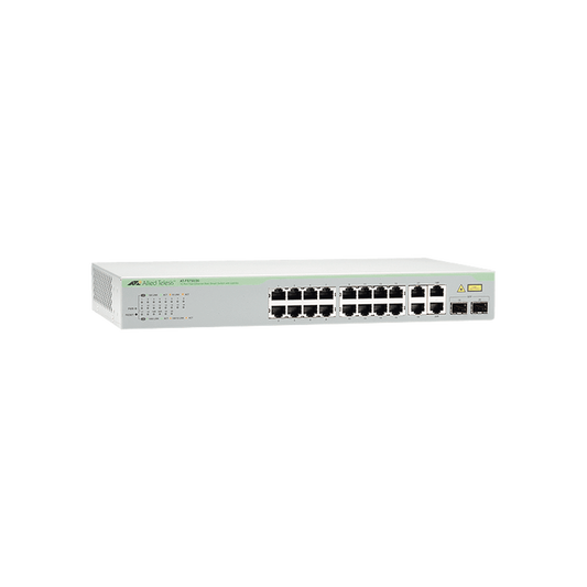 Switch WebSmart de 16 puertos 10/100 Mbps + 2 puertos 10/100/1000 Mbps + 2 SFP Gigabit Combo | ALLIED TELESIS