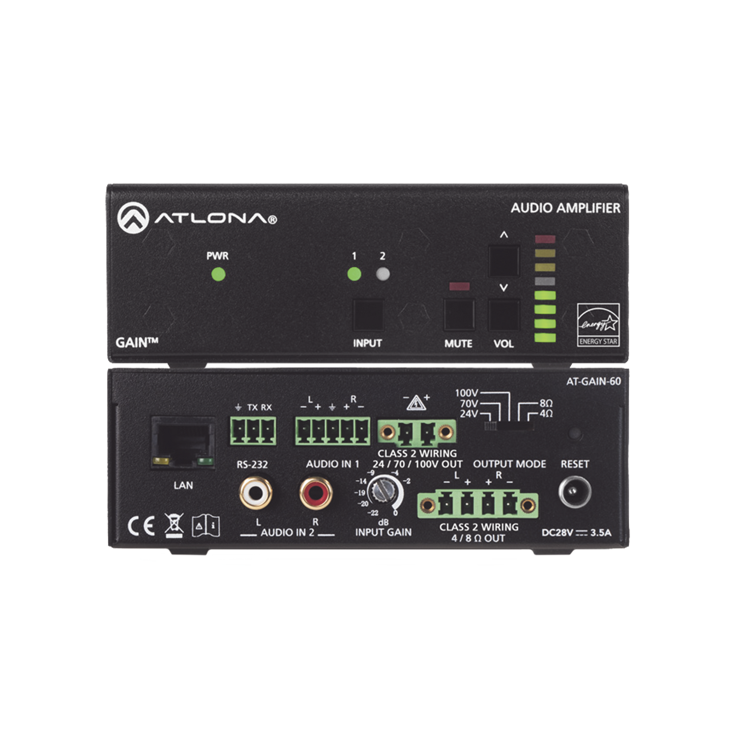 Amplificador de potencia estÃ©reo / mono - 60 Watts / Eficiente clase D / Opcional AES67 (Interfaz de audio en red Dante)