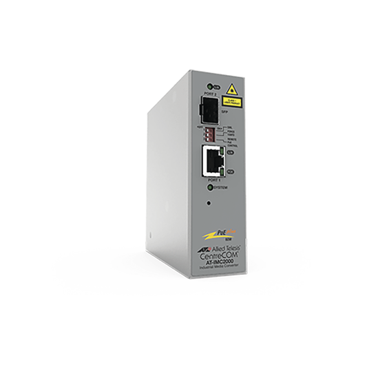 Convertidor de medios industrial PoE+ de 10/100/1000 RJ45 Gigabit - 100X/1000X SFP | ALLIED TELESIS