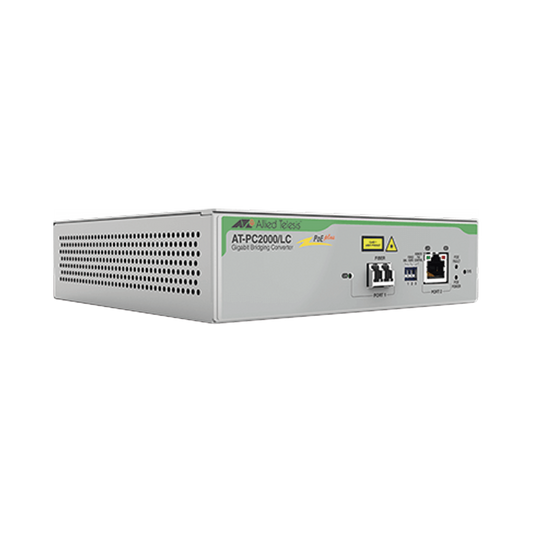 Convertidor de medios Gigabit Ethernet PoE+ a fibra óptica, conector LC, multimodo (MMF), distancia hasta 550 m | ALLIED