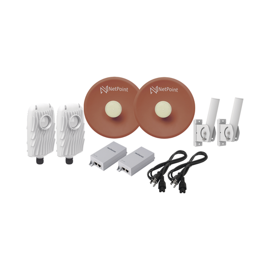Kit de 2 radios B5X con antenas NPPROS2PACK (27 dBi), rango de frecuencia extendida (4.9 a 6.4 GHz), incluye inyector POE  y cable de alimentaciÃ³n