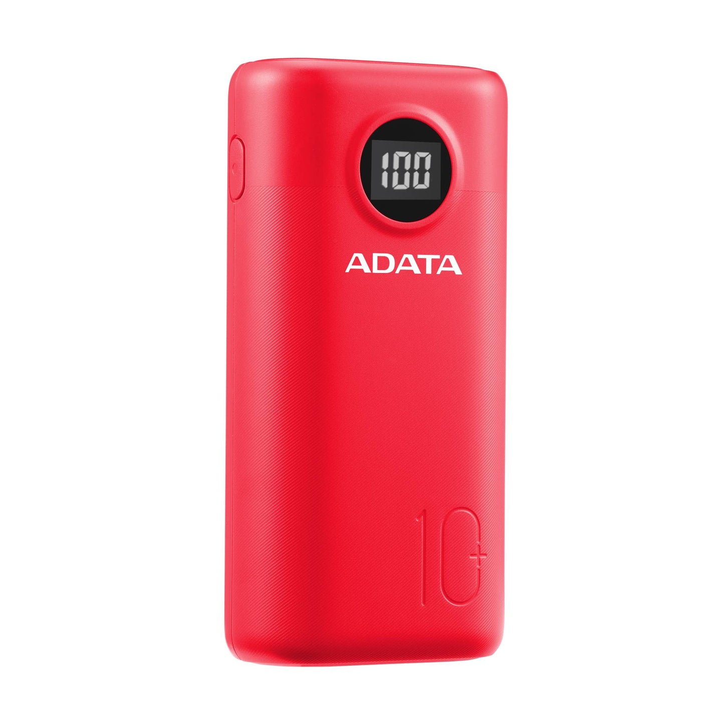PowerBank ADATA P10000QCD, 10,000 mAh. Dos puertos USB-A y un puerto USB-C, carga tres dispositivos simultáneamente, indicador de carga, color rojo.
