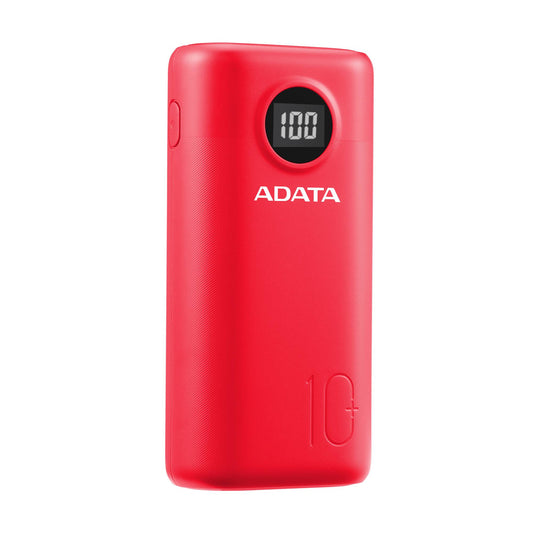 PowerBank ADATA P10000QCD, 10,000 mAh. Dos puertos USB-A y un puerto USB-C, carga tres dispositivos simultáneamente, indicador de carga, color rojo.