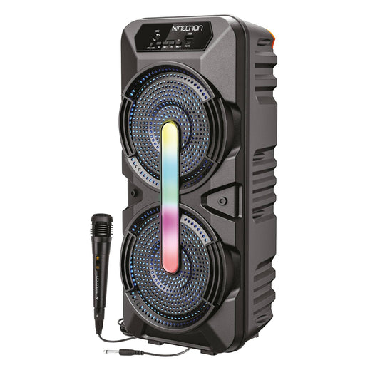 Bafle Karoke NECNON Bluetooth Doble 6.5 pulgadas NB-06B TWS Incluye Microfono Alambrico Radio FM Micro SD USB Barra De Luz LED 6500 Watts NEGRO