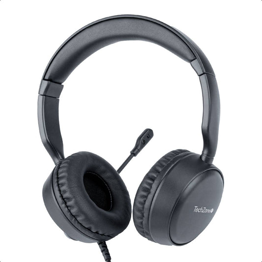 Diadema alámbrica con micrófono TZACDII02 TechZone, color negro, conexión USB-A, banda para cabeza acojinada, Impedancia de micrófono de 2200 W