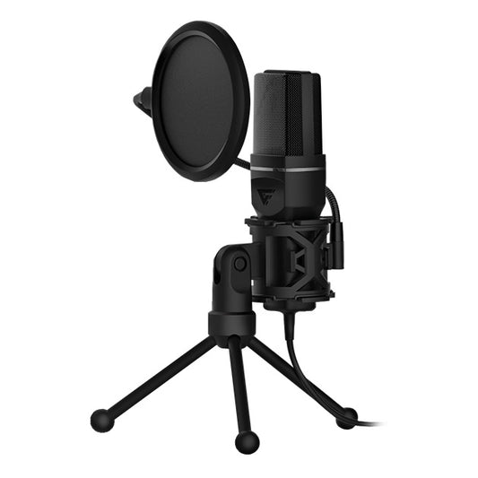 Micrófono GAME FACTOR MCG601, 20Hz - 20 KHz , Alámbrico, 1.7 m, Negro, USB para streaming, stand y ANTI-POP