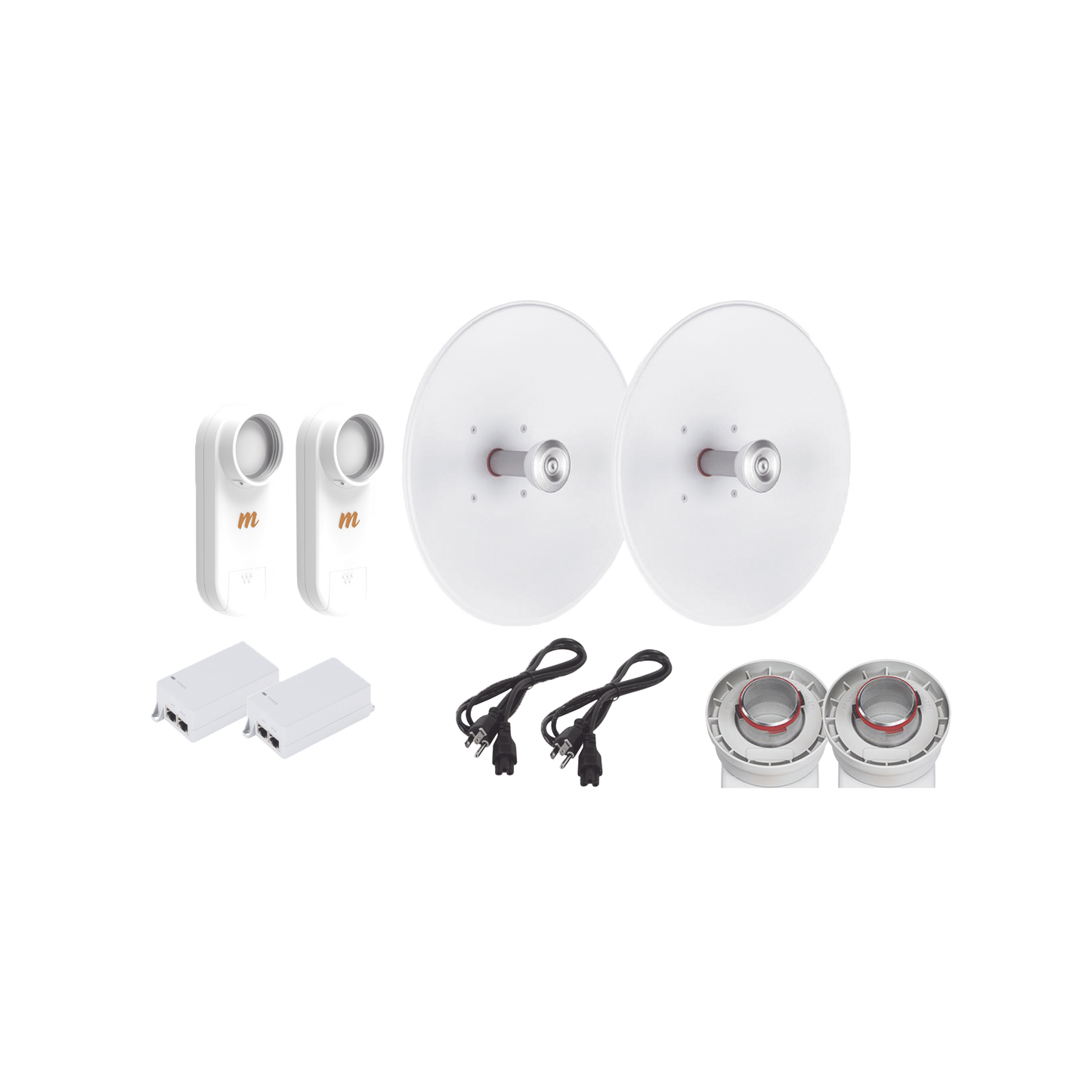 Enlace completo de 2 radios C5X con antenas UD-TP-27 (27 dBi), rango de frecuencia extendida (5.1 a 6.4 GHz),  incluye inyector POE y cable de alimentaciÃ³n y adaptador para la antena