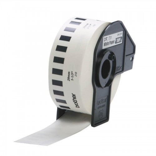 Etiqueta blanca continua de papel Brother DK2210 de 29 mm de ancho x 30.4 mts de largo. Impresión en negro. QL800 / QL810W / QL1110NWB.