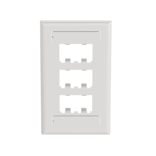 Placa de Pared Vertical ClÃ¡sica, Salida Para 6 Puertos Mini-Com, Con Espacios Para Etiquetas, Color Blanco