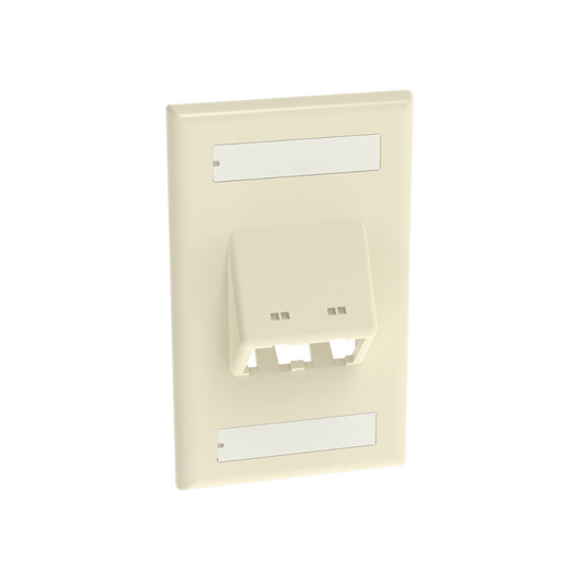 Placa de Pared Vertical ClÃ¡sica, Salida Para 2 Puertos Mini-Com Inclinados, Con Espacios Para Etiquetas, Color Marfil