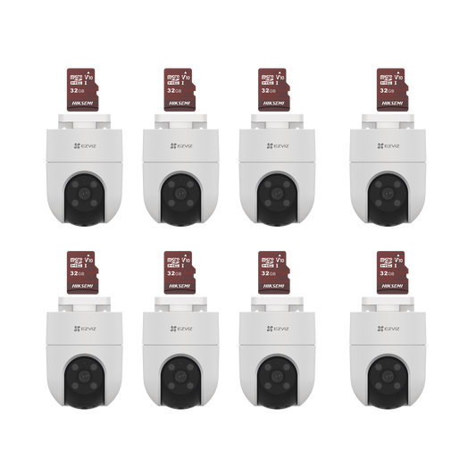 Kit de Camaras WiFi, Incluye 8 Piezas CS-H8C y 8 Piezas HS-TF-E1/32G / Audio de Dos VÃ­as / DetecciÃ³n de Movimiento /  Luz Blanca / Sirena  /  Uso en Exterior con ProtecciÃ³n