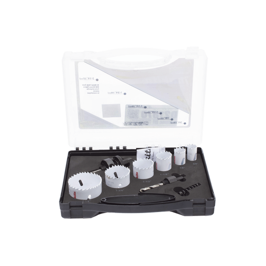 Kit de broca sierras (3/4 - 2 1/4 in) incluye 6 piezas de broca sierras, 2 adaptadores y resorte de expulsiÃ³n.