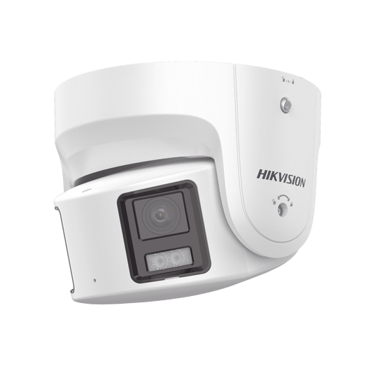 [ PROTECCIÓN ACTIVA ] Turret IP Panorámica 8 Megapíxel / 2 Lentes 4 mm (180°) / Imagen a Color 24/7 (ColorVu) / PoE / WD