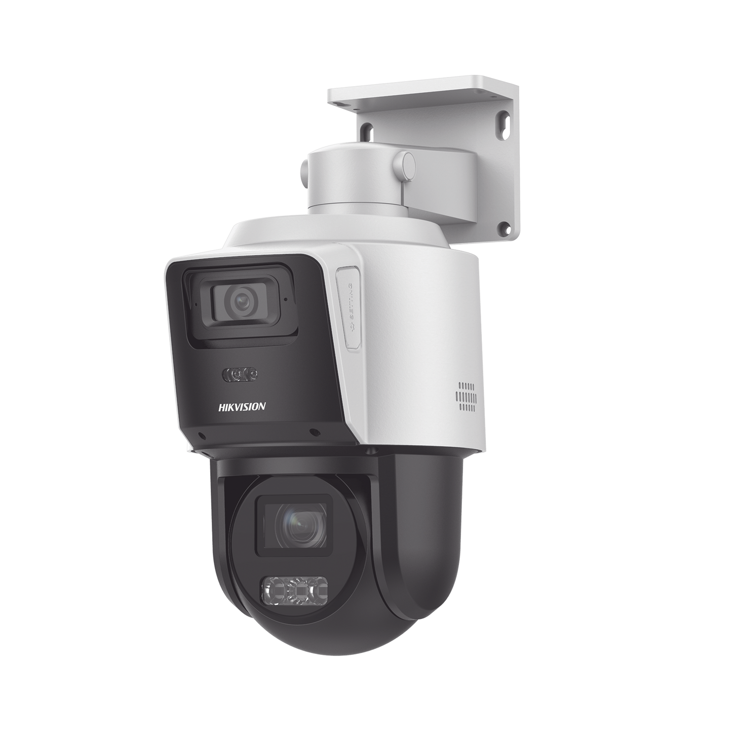 [TandemVu] PTZ IP 4 Megapixel con Cámara Panoramica 4 Megapixel / 4X Zoom / Dual Light (40 mts IR + 30 mts Luz Blanca) / ACUSENSE / IP66 / PoE+ / DARKFIGHTER / Micro SD / Incluye Base para Techo o Pared