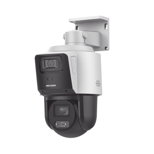 [TandemVu] PTZ IP 4 Megapixel con Cámara Panoramica 4 Megapixel / 4X Zoom / Dual Light (40 mts IR + 30 mts Luz Blanca) / ACUSENSE / IP66 / PoE+ / DARKFIGHTER / Micro SD / Incluye Base para Techo o Pared