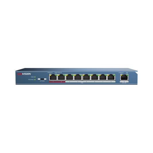 Switch PoE+ / No Administrable / 8 puertos 10/100 Mbps + 1 puerto 10/100 de Uplink / PoE hasta 250 metros / 110 W | HIKV
