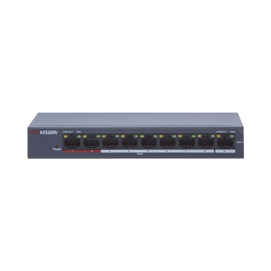 Switch PoE+ / 250 Metros PoE Larga Distancia / 8 Puertos 100 Mbps 802.3 af/at (30 W) + 1 Puerto Uplink 100 Mbps | HIKVIS