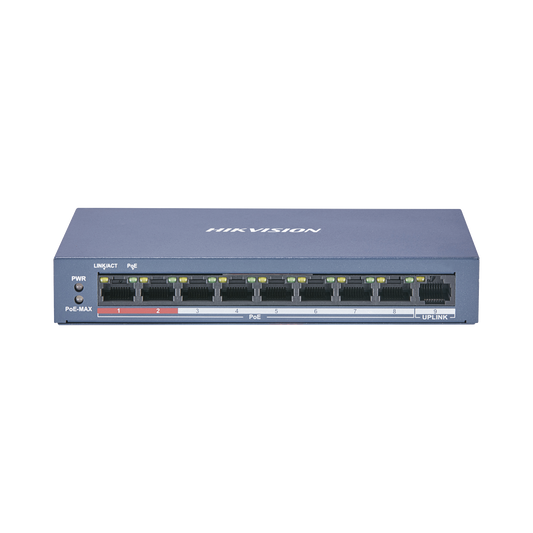 Switch PoE+ / No Administrable / 8 Puertos 10/100 Mbps PoE+ / 1 Puerto 100 Mbps Uplink / PoE hasta 250 metros / 60 W | H