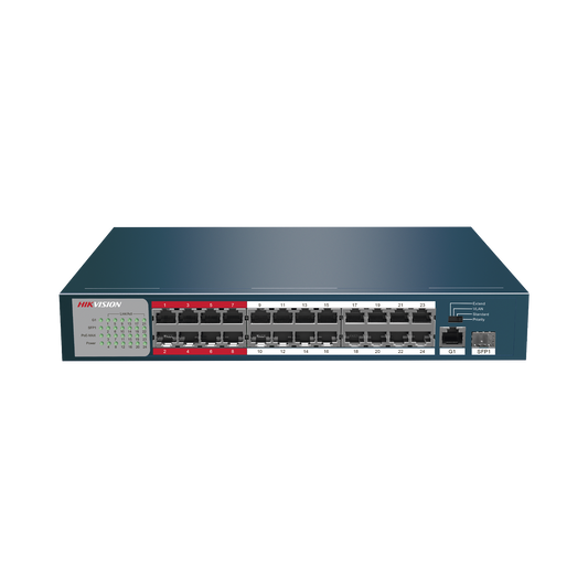 Switch PoE+ / No Administrable / 24 Puertos 100 Mbps PoE+ / 1 Puerto 1000 Mbps + 1 Puerto SFP Uplink / PoE hasta 250 Met