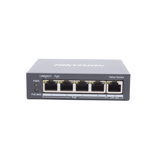 Switch Gigabit PoE+ / No Administrable / 4 Puertos 1000 Mbps PoE+ / 1 Puerto 1000 Mbps Uplink / 35 Watts | HIKVISION