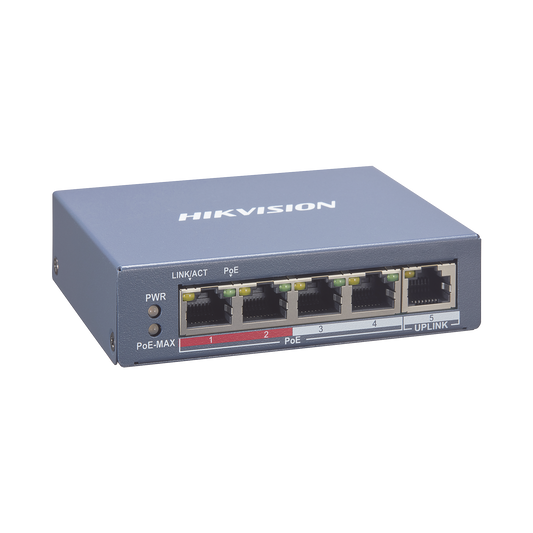 Switch Monitoreable PoE+ / 4 puertos 100 Mbps PoE+ / 1 Puerto 100 Mbps Uplink / PoE hasta 250 Metros / 60 Watts / Conexi