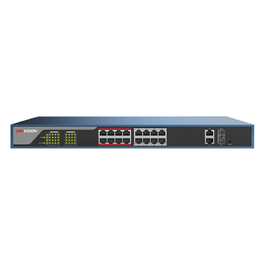 Switch PoE 250 Metros Larga Distancia / Administrable / Configuración WEB / 16 Puertos 802.3at (30 W) 100 Mbps + 2 Puert
