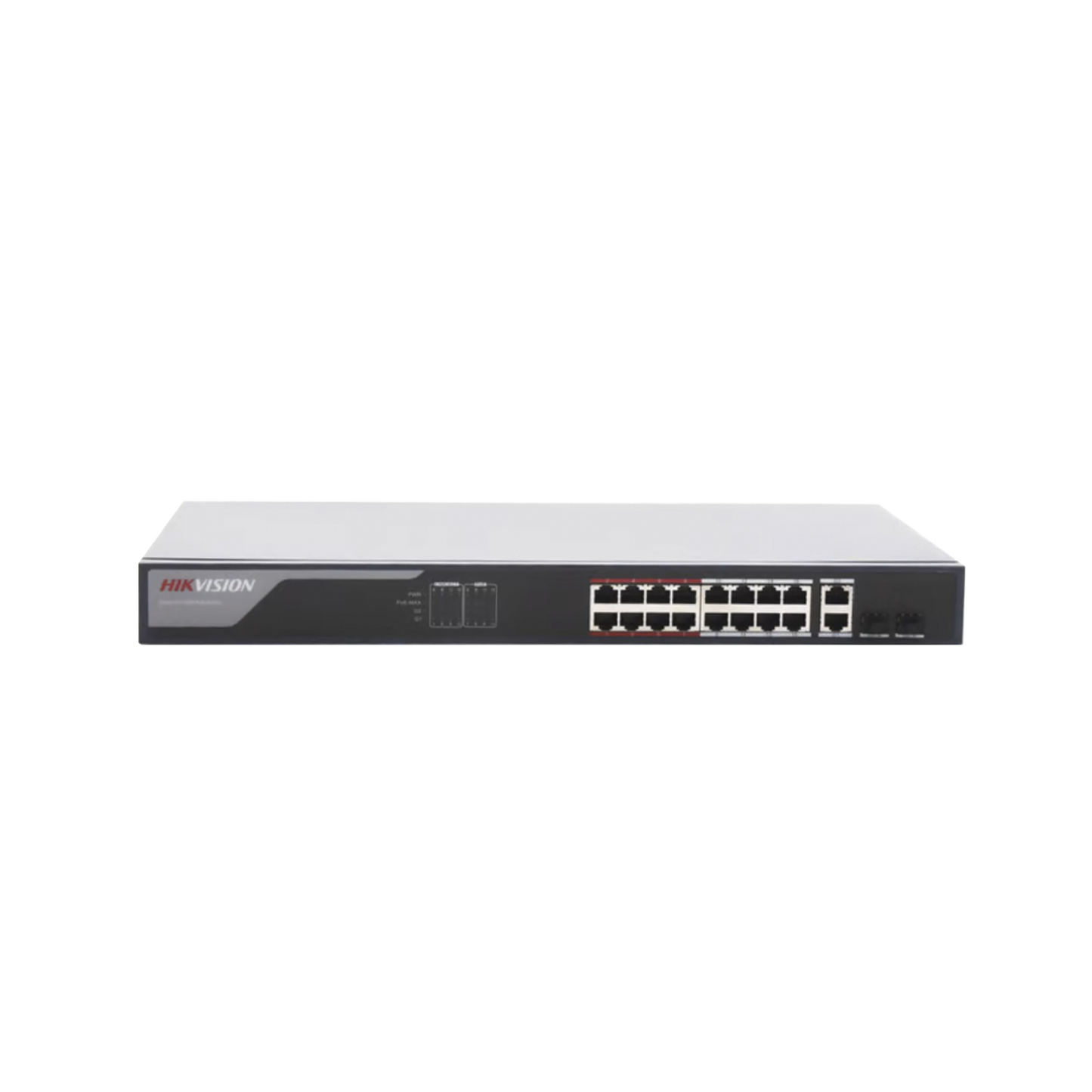 Switch Monitoreable PoE+ / 16 puertos 100 Mbps PoE+ / 2 Puertos 1000 Mbps Uplink + 2 Puertos SFP de Uplink / PoE hasta 250 Metros / Conexión Remota desde Hik-PartnerPro / 230 Watts