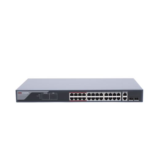 Switch Monitoreable PoE+ / 24 Puertos 100 Mbps PoE+ / 2 Puertos 1000 Mbps + 2 Puertos SFP de Uplink / PoE hasta 250 Metr