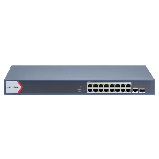 Switch Gigabit PoE+ / Administrable / 16 Puertos 1000 Mbps PoE+ / 1 Puerto 1000 Mbps de Uplink / 1 Puerto SFP / Configuración Remota desde Hik-PartnerPro / Modo Extendido hasta 300 Metros / 130 Watts