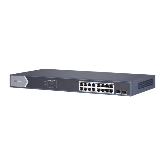 Switch Gigabit PoE+ / Monitoreable / 16 Puertos 1000 Mbps PoE+ / 1 Puerto 1000 Mbps de Uplink / 1 Puerto SFP / Configuración Remota desde Hik-PartnerPro / Modo Extendido hasta 300 Metros / 130 Watts