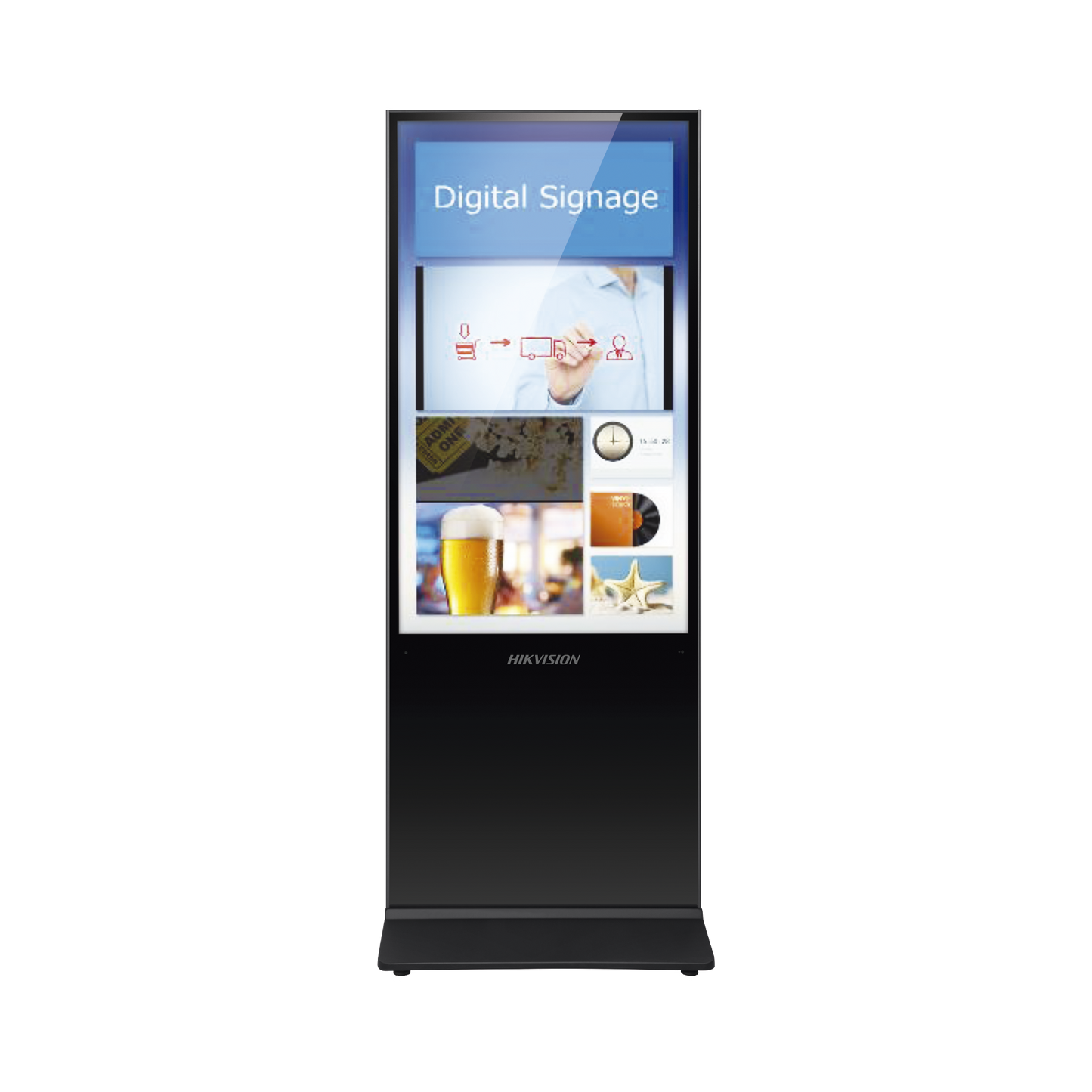 Pantalla de 55" 4K para Publicidad Digital / Base para Piso (Totem) / Puertos USB / Entrada de Video HDMI y VGA / WiFi / Altavoz Integrada