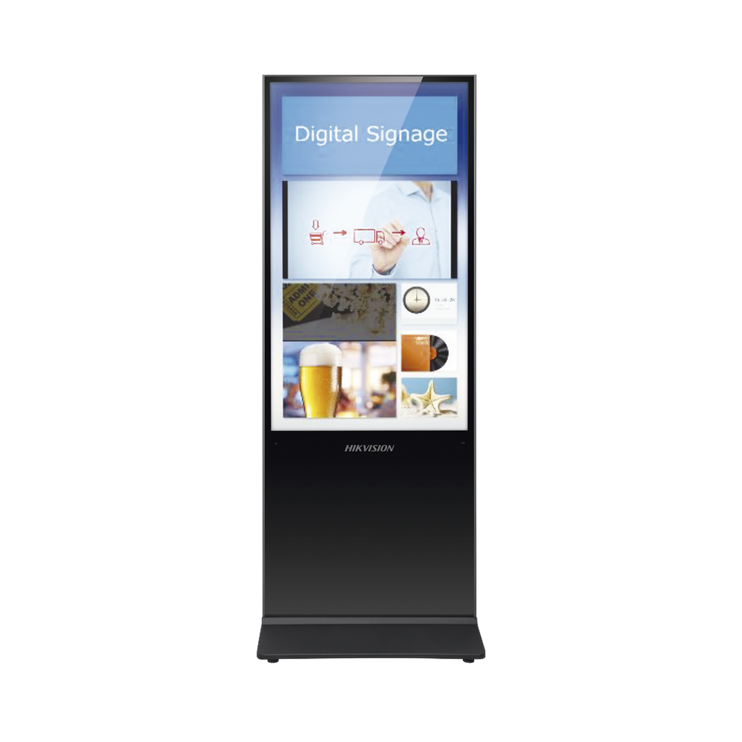 Pantalla de 55" 4K para Publicidad Digital / Base para Piso (Totem) / Puertos USB / Entrada de Video HDMI y VGA / WiFi / Altavoz Integrada