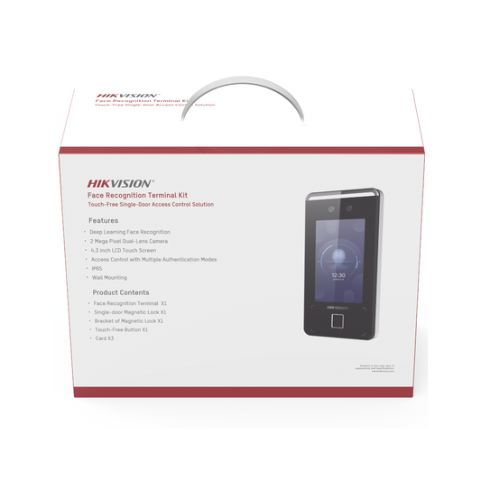 Kit de Control de Acceso TODO INCLUIDO con Lector de Rostros, QRs , Tarjetas y Huellas / 3,000 Rostros / Compatible con App Hik-Connect / Videoportero / Incluye Electroimán Botón de Salida y Montajes Z y L para imán