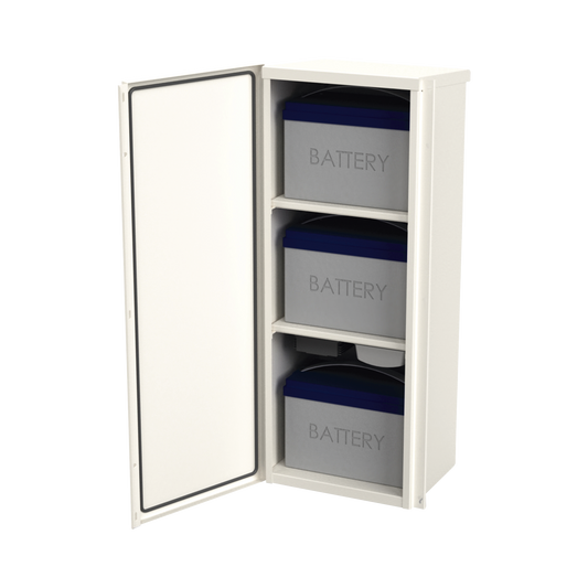 Gabinete Acero Galv. para 3 Bat. PL110D12. Puerta Sin Ventilación. Acc. de piso o poste No incluidos (400 x 1060 x 300mm).