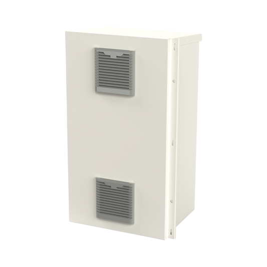 Gabinete Acero Galv. para 2 Baterías PL110D12 (400 x 730 x 300mm). Puerta Ventilada. Acc. para piso o poste No incluidos.