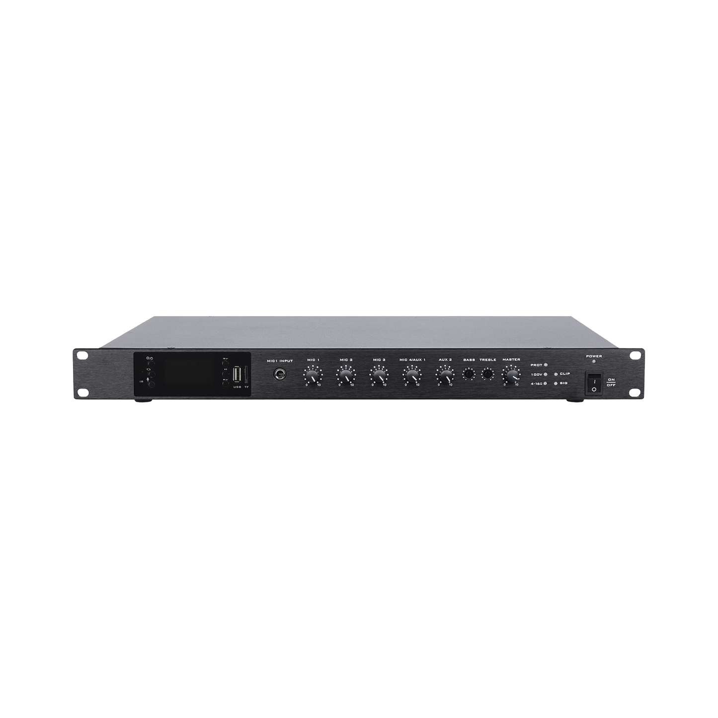 Amplificador de Audio | 1 canal | 350 W | Sistema 100V y Baja Impedancia | 4 Entradas de MicrÃ³fono Balanceadas | Bluetooth | USB | SD | FM | Montaje en Rack