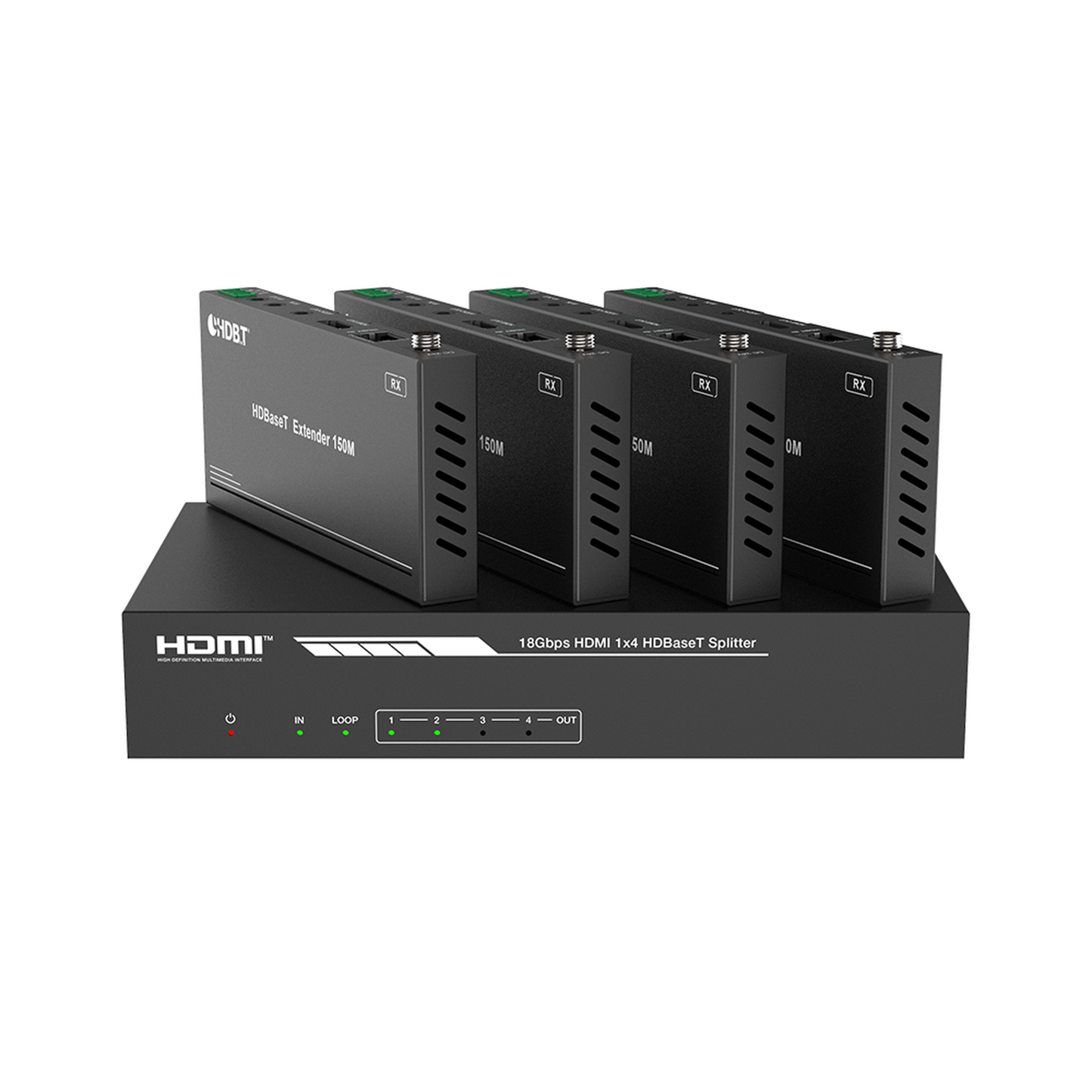 Splitter mas Extensor de Video | 1x4Â | ProAV | HDBaseTâ„¢ | 120m en 4K@60Hz | 150m en 1080p@60Hz | Cat6/6a/7 | GestiÃ³n Avanzada EDID | Control IR y RS232 | PoC |Â Salida de Audio